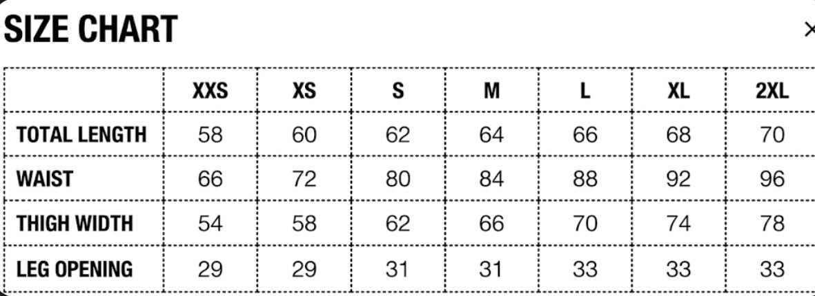 “NITER” FLARED SHORTS - CAMO size chart